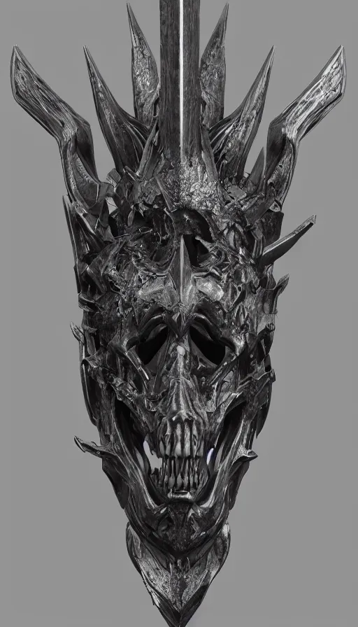 Image similar to a black long sword skull crest, orthographic, ornament, weapon, a 3 d render by dom qwek, front side views full, trending on polycount, artstation, hard surface modeling, rendered in maya, 3 ds max, blender, hd, vray, berserk guts