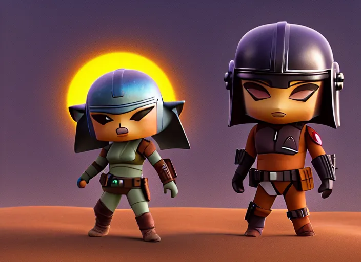 Image similar to mandalorian as nendoroid walking in a desert with two moons in the croods movie style, anime, disney, pixar, 8 k, hd, dof, kodak film, volumetric lighting, subsurface scattering, photorealistic, octane render, details