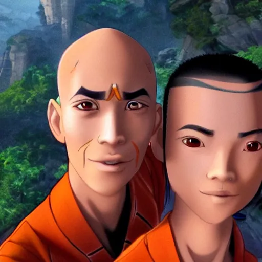 Image similar to a selfie of Aang and Ozai from avatar the last airbender