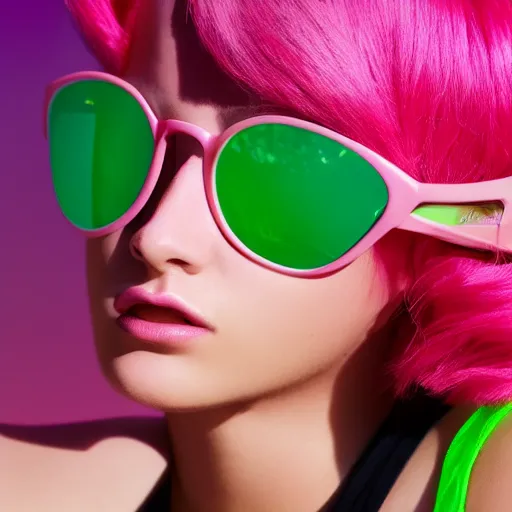 Prompt: fashion model with short pink hair, sunglasses with light green lenses, 3 d, photorealistic, green sneaks, morning, vouge photo style, pink clouds on background