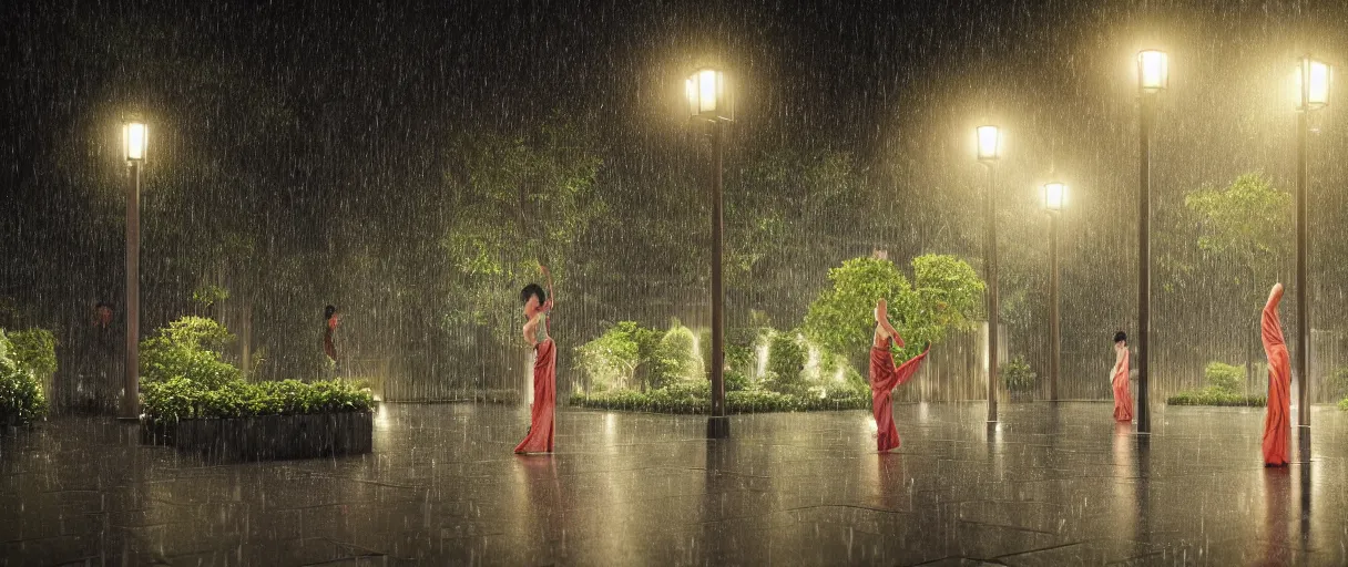 Prompt: raining at night pole lights woman dance group meditation emotion on javanese style garden, octane render, trees, evergreen, patio, garden, wet atmosphere, tender, soft light misty yoshitaka amano, and artgerm