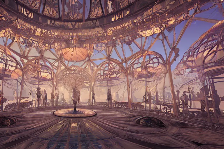 Image similar to symmetrical cinematic, jellyfish victorian pavilion dome, latex rave, steampunk, art deco, burning man, octane render, architecture