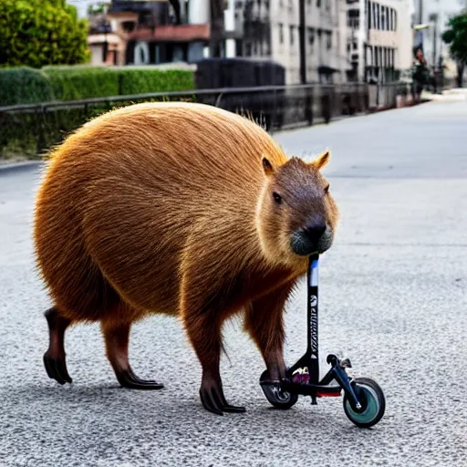 Image similar to capybara riding a razor scooter