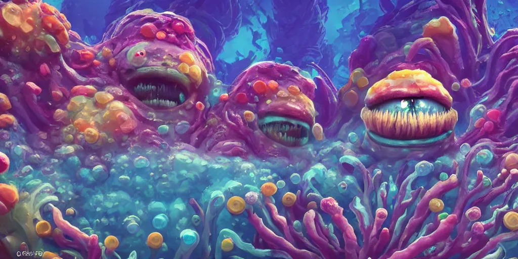 Image similar to of a colorful cloudy deep sea under water with strange cute friendly happy creatures with huge eyes, mouth, long tongue and round teeth appearing from sandy coral, in the style of gehry and gaudi, macro lens, shallow depth of field, highly detailed, digital painting, trending artstation, concept art, illustration, cinematic lighting, photorealism, epic, octane render