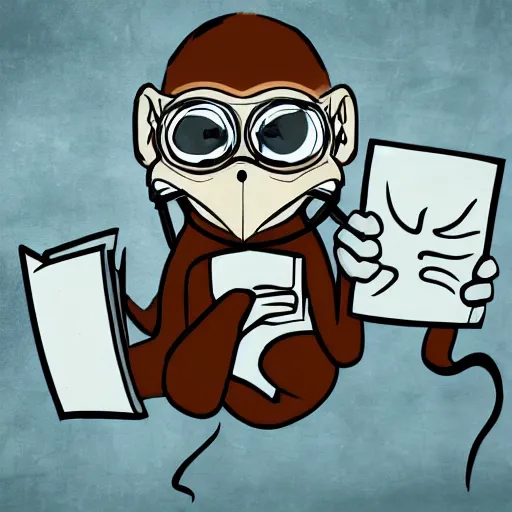 Image similar to a single Monkey reading a book, wearing a gas mask, graffiti, edge to edge, solid color background intricate, highly detailed, smooth, sharp focus, detailed face and body, high contrast