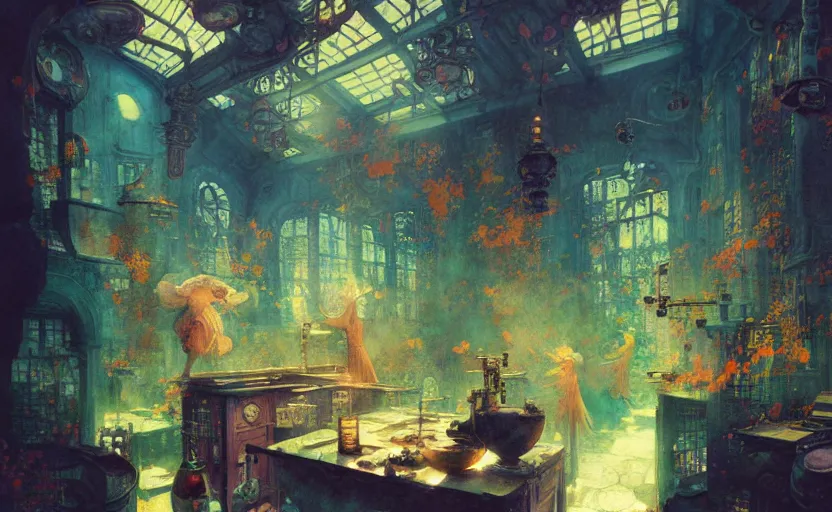 Image similar to alchemy laboratory, fantasy. intricate, amazing composition, colorful watercolor, by ruan jia, by maxfield parrish, by marc simonetti, by hikari shimoda, by robert hubert, by zhang kechun, illustration, gloomy