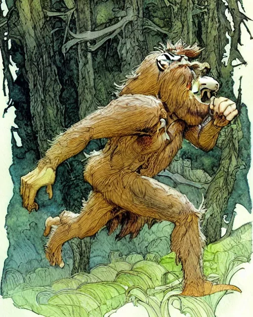 Image similar to a realistic and atmospheric watercolour fantasy character concept art portrait of a chibi bigfoot running through the forest. by rebecca guay, michael kaluta, charles vess and jean moebius giraud