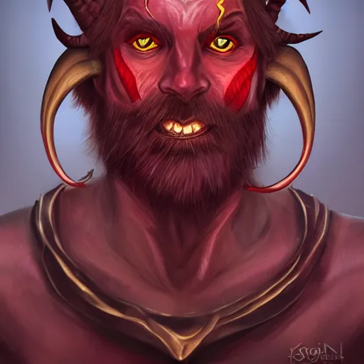 Image similar to dnd style portrait of a tiefling, male, red scales, red skin, a big black beard, completely golden eyes, 2 black ram horns growing out of his forehead,