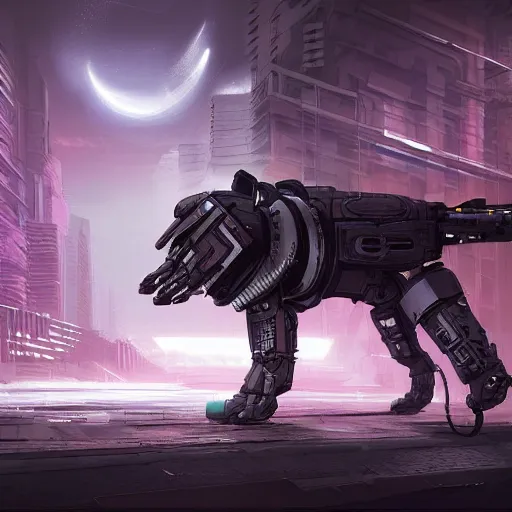 Prompt: cyberdog panzerwolf from steel with cyber parts by ian pesty and alena aenami, matte painting, concept art, washed colors,