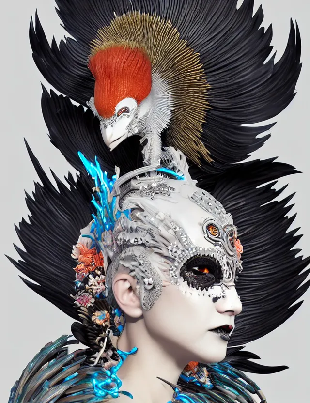 Image similar to 3 d goddess close - up profile portrait punk with mohawk with ram skull. beautiful intricately detailed japanese crow kitsune mask and clasical japanese kimono. betta fish, jellyfish phoenix, bio luminescent, plasma, ice, water, wind, creature, artwork by tooth wu and wlop and beeple and greg rutkowski