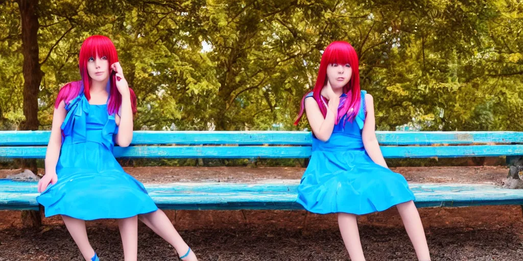 Prompt: Anime girl in a blue dress sitting on a park bench, colorful lighting