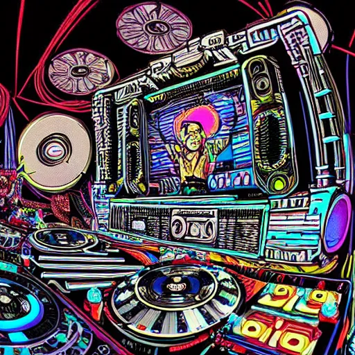 Image similar to intricate detailed artwork of a futuristic hardstyle music dj at an festival indoor rave, stage, in the style of Geof Darrow, VR headset, wires, speakers, neon