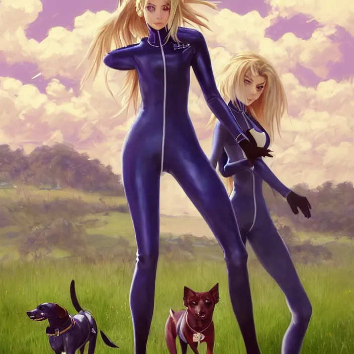 Image similar to full body portrait of a combination of Ashley Greene, Victoria Justice and Adriana Dxim, Grace Kelly and Lily Collins with blonde hair wearing a Plugsuit from Neon Genesis Evangelion and walking dogs, countryside, calm, fantasy character portrait, dynamic pose, above view, sunny day, thunder clouds in the sky, artwork by Jeremy Lipkin and Giuseppe Dangelico Pino and Michael Garmash and Rob Rey and Greg Manchess and Huang Guangjian, very coherent asymmetrical artwork, sharp edges, perfect face, simple form, 100mm