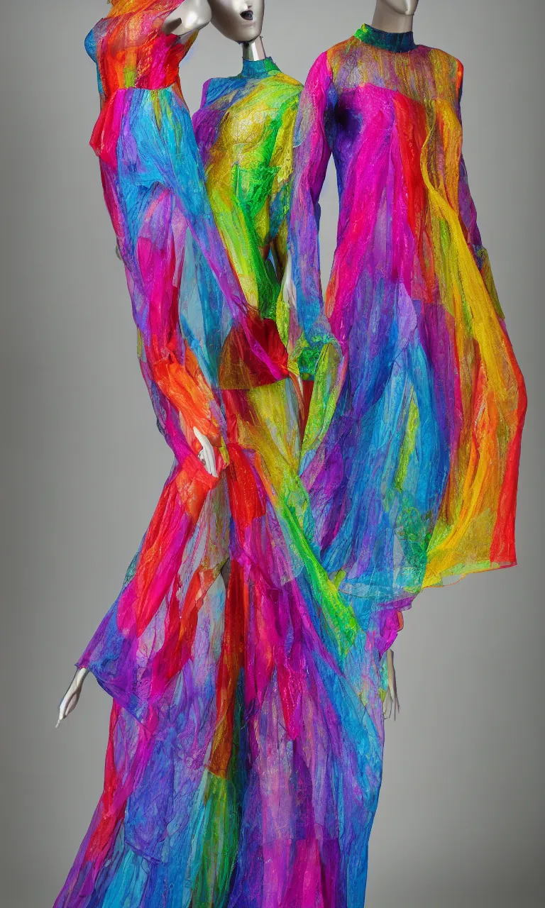 Image similar to full-length photo of a mannequin wearing a sheer rainbow dress, fashion photography