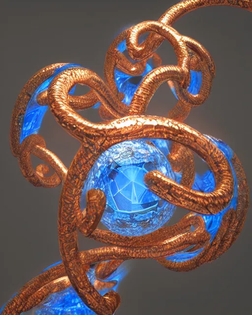 Image similar to beautiful concept art of a diamond filled with copper veins, blue translucent resin, bioluminescent, ultra realistic, ultra detailed, masterpiece by mc escher and hr giger, 8 k octane render, ambient diffusion, subsurface scattering, trending on artstation, cgstudio