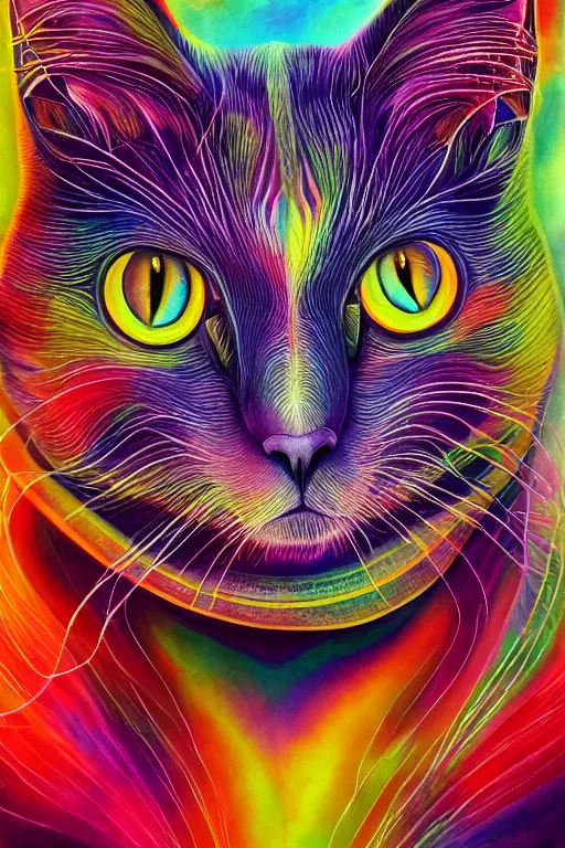 Image similar to portrait of an ethereal cat, modern fine art, lithe, dreamscape, intricate, elegant, subsurface scattering, highly detailed, pop art painting, organic acrylic flow art, psychedelic surreal art, acrylic art, watercolor, artstation