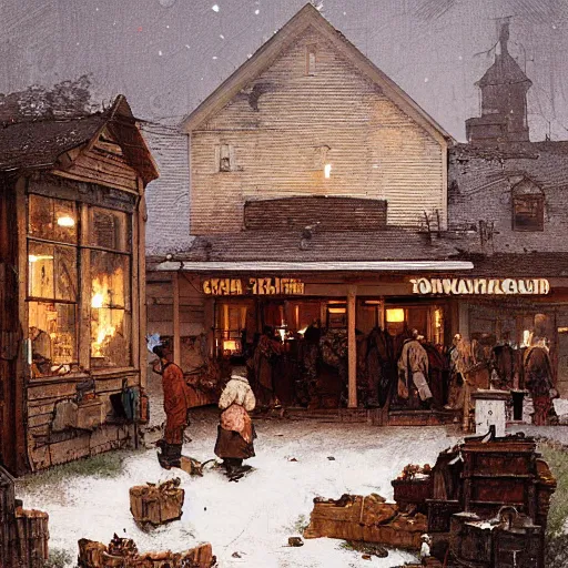 Prompt: old general store, everyone has a head wound, no eyes, by norman rockwell, by greg rutkowski, tonal color scheme, antique, retro atmosphere.