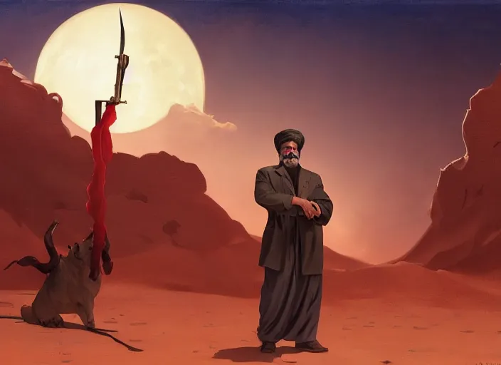 Prompt: portrait of saddam hussein making a blood sacrifice, chilling desert landscape lit by blood moon, painting by sargent and leyendecker, studio ghibli, fantasy, medium shot, asymmetrical, intricate, elegant, matte painting, hearthstone, crimson gradient, by greg rutkowski and greg tocchini and james gilleard and joe fenton and greg manchess
