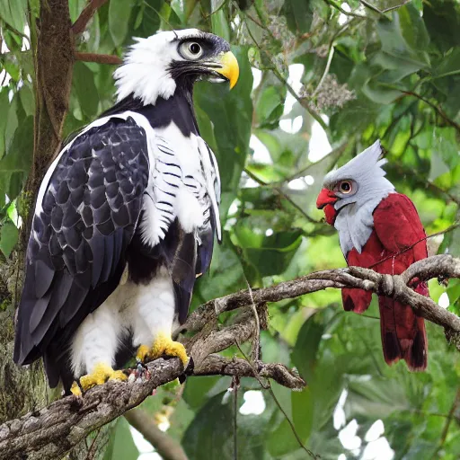 Prompt: Harpy eagle and red cardinal hybrid, real photo from zoo,