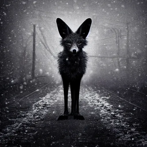 Prompt: an award winning National Geographic picture of a black Jackal wearing a denim Jacket in the snow by Lee Jeffries, 85mm ND 5, perfect lighting in a snow storm