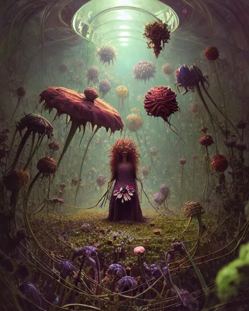 Prompt: the platonic ideal of flowers, rotting, insects and praying of cletus kasady carnage davinci dementor chtulu mandelbulb ponyo alice in wonderland dinotopia watership down, fantasy, ego death, decay, dmt, psilocybin, concept art by greg rutkowski and simon stalenhag and alphonse mucha