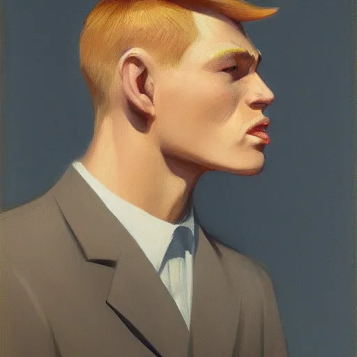 Image similar to a realistic portrait of a blonde man, chiseled jawline, big lips, 1 2 0 0 bc, edward hopper, trending on artstation