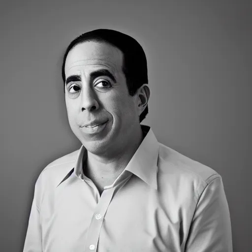 Prompt: Black and white portrait photograph of asian Jerry Seinfeld. 8k resolution. Time magazine. Dramatic lightning. Serious.