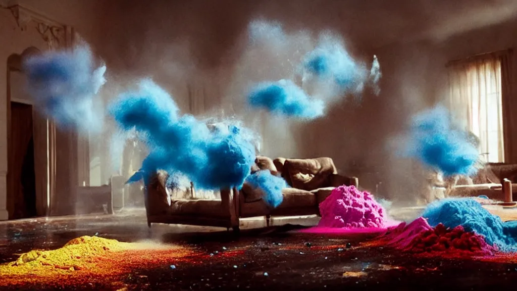 Image similar to colored powder explosion in the living room, film still from the movie directed by Denis Villeneuve with art direction by Salvador Dalí, wide lens