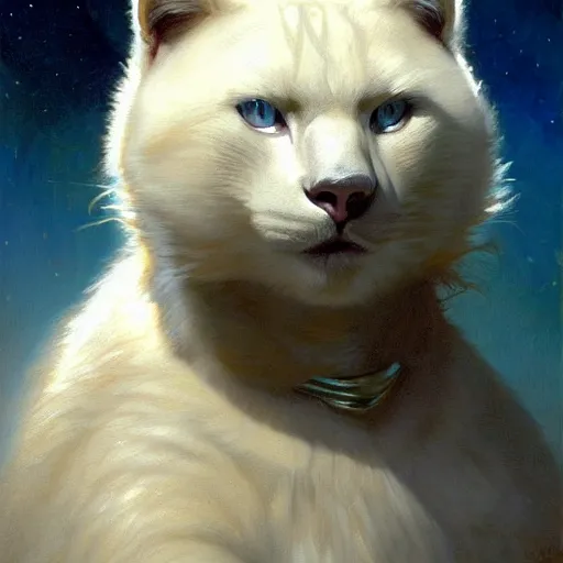 Prompt: a portrait of a manly bear white cat feline, blue eyes, star trek the next generation. highly detailed painting by gaston bussiere, craig mullins, j. c. leyendecker, furry