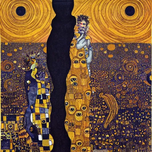 Prompt: a majestic portrait of the king in yellow, in front of a fantasy city, with black suns in the sky, Gustav Klimt, intricate, dark colors, art nouveau