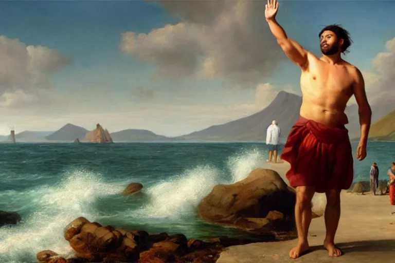 Prompt: ( ( a beautiful 8 k photorealistic masterpiece oil painting ) ( of ( man who is leaving the mainland to go to a new island, waving to the mainlanders ) ( the inhabitants of the new island look at the man, serious in the background, on their island ) ) ( hyperrealism ) ( 1 6 k ) ( trending on artstation )