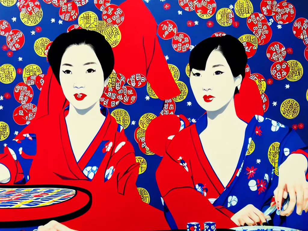 Prompt: hyperrealism composition of the detailed woman in a japanese kimono sitting at a poker table with superman, fireworks on the background, pop - art style, jacky tsai style, andy warhol style, acrylic on canvas