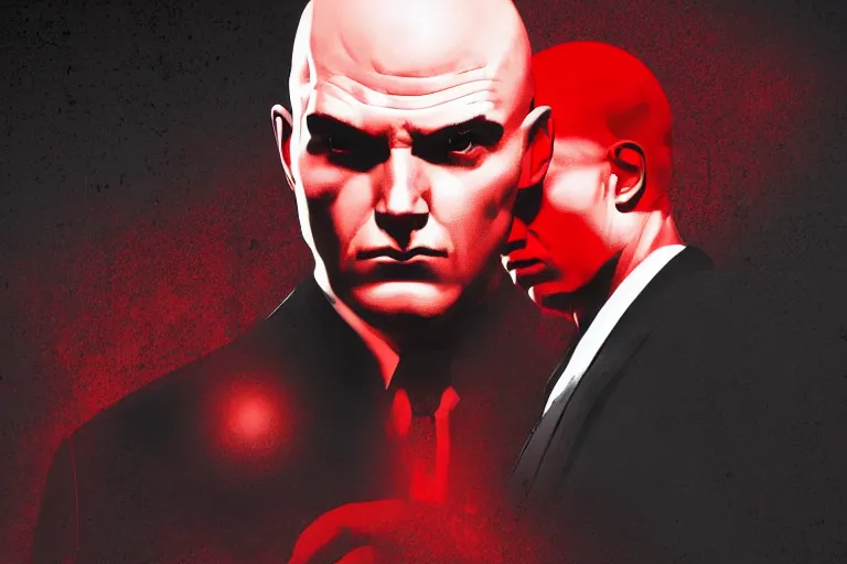 Image similar to a portrait of agent 4 7 from hitman wearing headphones and putting a vinyl record onto a turntable, dark background, red rim light, digita, l