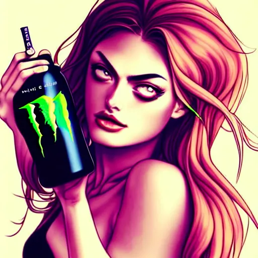 Image similar to in the style of artgerm, girl drinks monster energy, phoebe tonkin, hair blowing, full body, intricate filagree, no hands showing, warm colors, cool offset colors