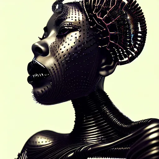 Image similar to portrait of an absurdly beautiful, graceful, sophisticated, fashionable black cyberpunk mechanoid gravure idol, hyperdetailed illustration by irakli nadar, adut akech, matt wisniewski style, intricate linework, dark black skin, jellyfish headdress, crystal ruff, unreal engine 5 highly rendered, global illumination, red light, detailed and intricate environment