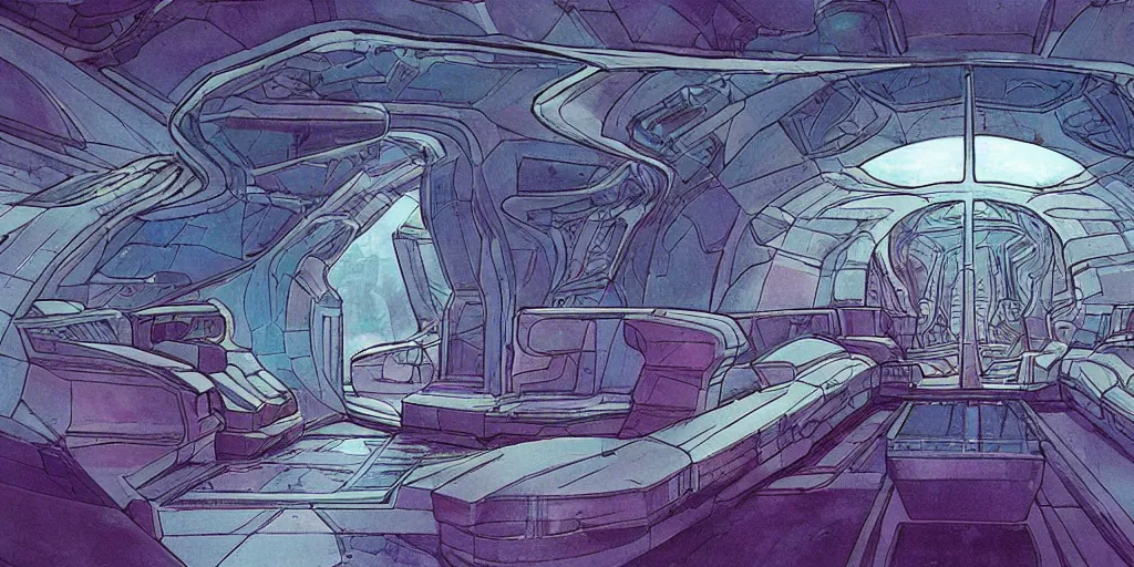 Prompt: the interior of a crystalline sci-fi spaceship made with highly evolved elven architecture and technology, style of Moebius comic art