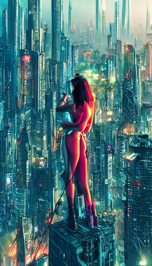 Image similar to photo of cyberpunk show girl on a roof, looking up at cityscape of vertical cyberpunk city with high towers, shanghai, by Alena Aenami and blade runner and akira,