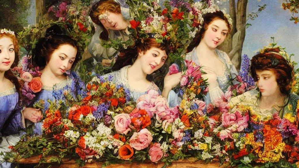 Image similar to A young guy's head is lying in a beautiful bouquet of flowers on a table, and his sisters are looking on, ancient fairy tale style