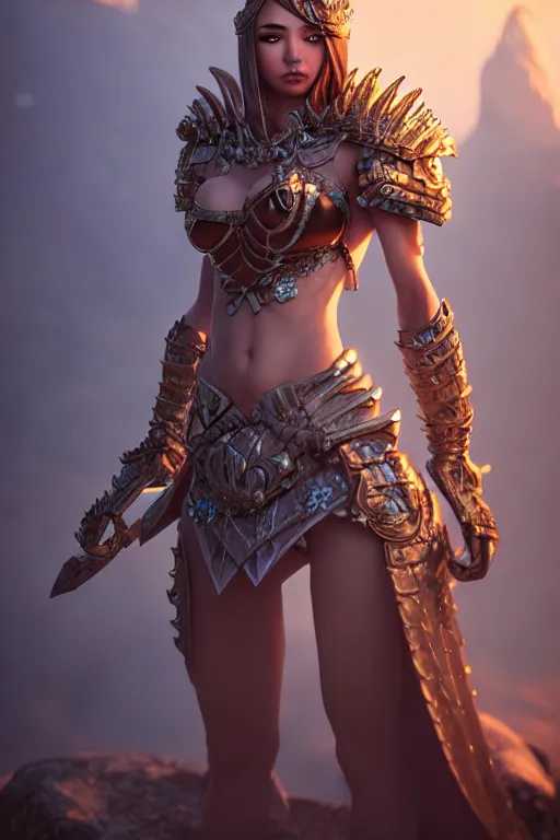 Prompt: sakimi chan, detailed face, standing on a rock, fantasy armor, tony sart, unreal engine