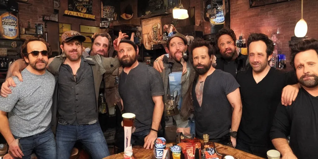 Image similar to the gang from Always Sunny in Philidelphia hanging out with the Minions at their bar, FX TV show, lenses, sitcom