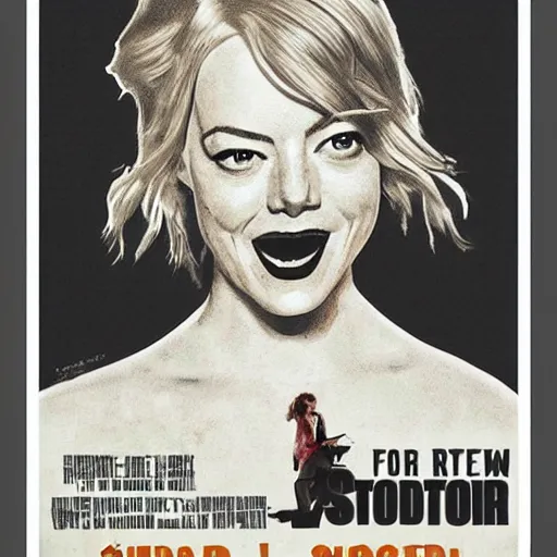 Prompt: movie poster of a mad scientist making a rock sculpture of emma stone's head