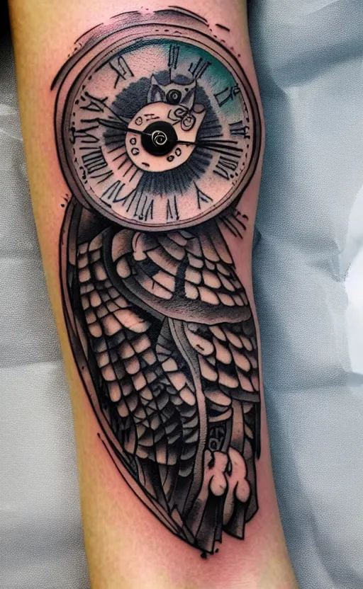 Prompt: a tattoo of an owl in a timeclock, ultra detailed, tattoo, 8 k