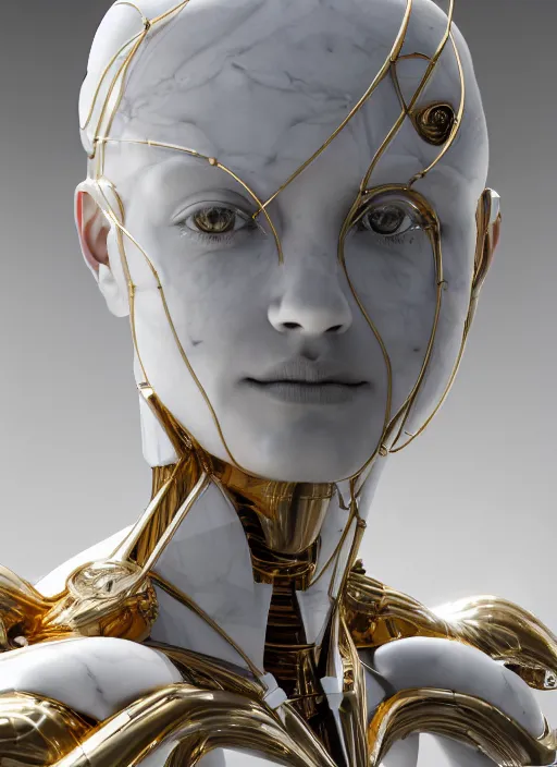 Image similar to a statue made of white marble with gold veins, of an gorgeous futuristic cybernetic angel girl, prostheses, transhumanism, full body shot, perfect symmetrical body, perfect symmetrical face, hyper realistic, hyper detailed, by johannen voss, by peter kemp, by monia merlo, by michelangelo, octane render, blender, 8 k