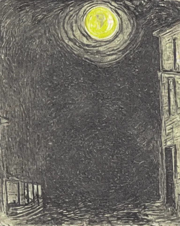 Prompt: midnight, the moon obscured by clouds, in a dilapidated building the dark unknown huddled in the corner is pouring out, mist, by edvard munch