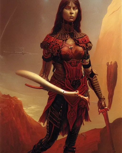 Image similar to a portrait of a fit female warrior by boris valejo and Thomas Cole and Wayne Barlowe