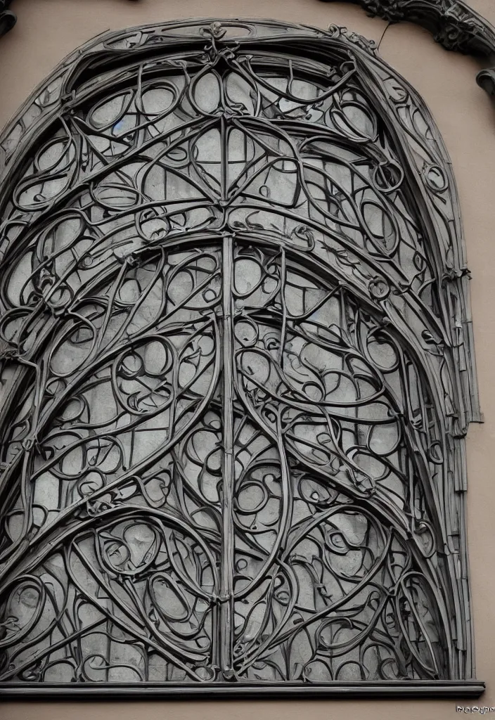 Image similar to photo of a beautiful window, symmetrical, symmetry, art nouveau, iron frame, skyrim