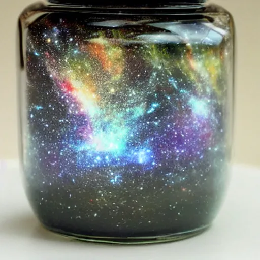 Prompt: galaxies contained in a jar in a forest