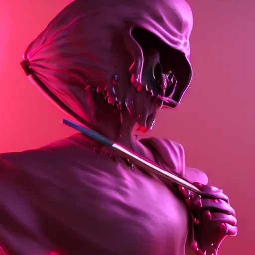 Image similar to candypunk grim reaper character design, high quality digital art, render, octane, redshift, volumetric lighting, oled