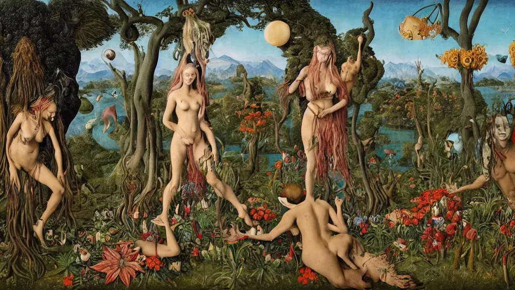 Prompt: a photograph of a meditating centaur shaman and a harpy mermaid mutating into a stampede of beasts. surrounded by bulbous flowers and a few trees. river delta with mountains under a blue sky full of burning stars and birds. painted by jan van eyck, max ernst, ernst haeckel, ernst fuchs and artgerm. trending on artstation