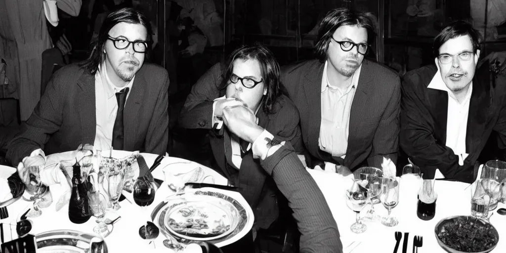 Prompt: “ david foster wallace and thomas pynchon at a dinner party hosted by haruki murakami, all are dressed in suits ”